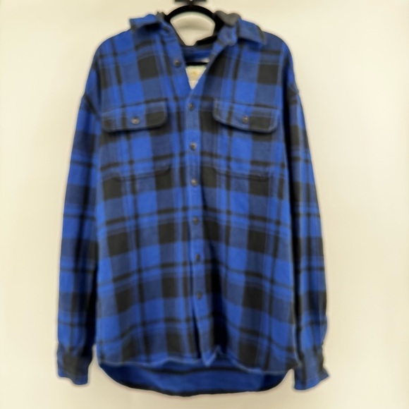 American Eagle Mens Flannel Shirt Hoodie Large Tall Plaid Shacket Removable Hood - Picture 2 of 11